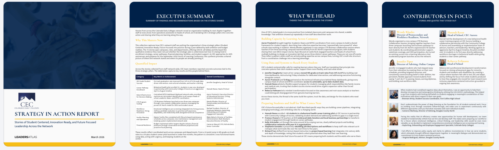 CEC Strategy in Action Report — a five-page spread synthesizing themes from interviews.