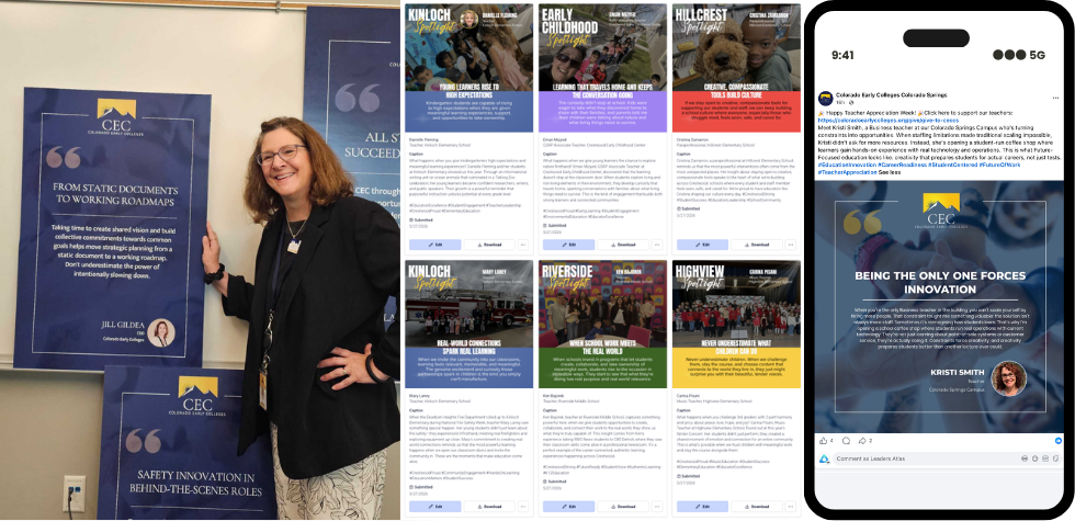 A composite of Mosaic communications outputs: printed story posters with Jill Gildea, a wall of district spotlight social cards, and a Facebook post on a phone.
